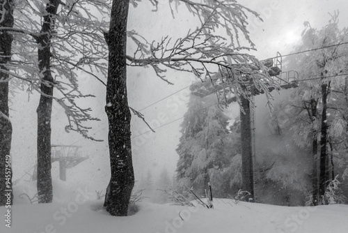 Winter view of a cable car at Bukova hora mountain, Czech Republic