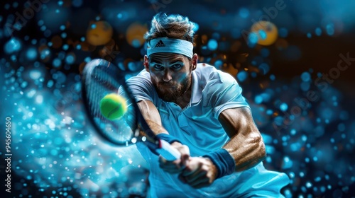 Photo-realistic tennis player hitting a backhand shot, intense focus, dynamic pose, lifelike graphics, hyper-detailed textures