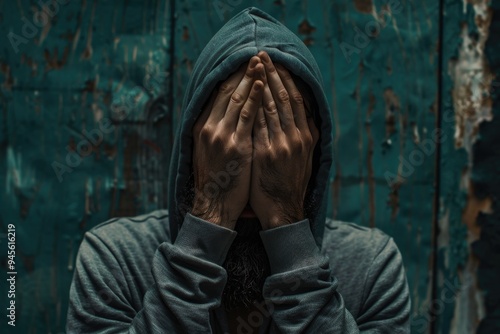 A person wearing a hoodie covering their face with their hands, possibly for privacy or to conceal their identity