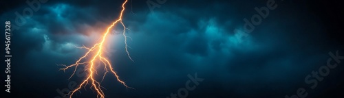 dramatic lightning strike in stormy sky with dark clouds and glowing bolts - abstract weather photography background