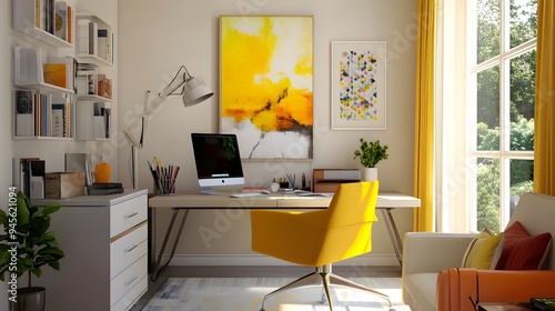 Modern home office with neutral walls and furniture, bright yellow desk accessories, and colorful art