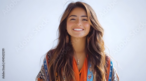 Modern peruvian girl. A young woman with long, wavy hair smiles confidently while wearing a colorful, patterned blouse against a light background. 