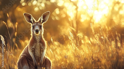 A red kangaroo sits in a field of tall grass, looking directly at the camera, with the setting sun creating a golden glow behind it.