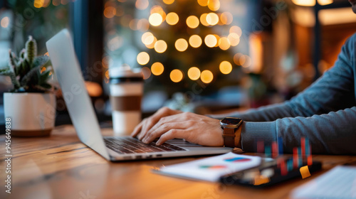 A person typing on a laptop with a Christmas tree in the background, blending work with the holiday season ambiance.