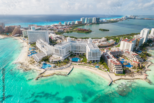 View of beautiful Hotels in the hotel zone of Cancun. Riviera Maya region in Quintana roo on Yucatan Peninsula. Aerial panoramic view of allinclusive resort