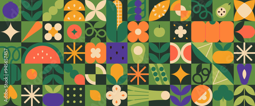 Abstract geometric pattern of farm food. Stylized poster with fruit and vegetables. Agriculture plants in cubism style. Contemporary art of healthy, natural, organic products. Flat vector illustration