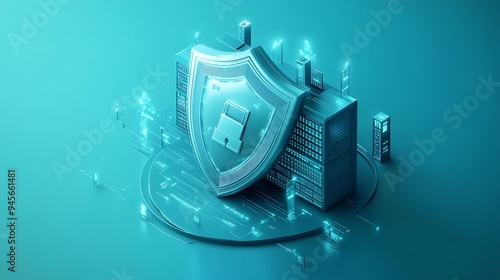 Digital security concept with a shield and servers representing data protection, cybersecurity, and secure information technology systems.