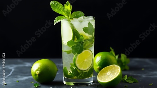 Mojito cocktail with fresh limes on a black background