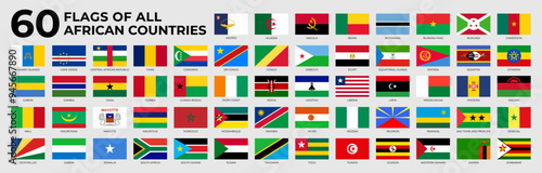 A set of rectangle flags of African countries in alphabetical order. Detailed national flags of African countries, including small states and partially African countries. Vector illustration