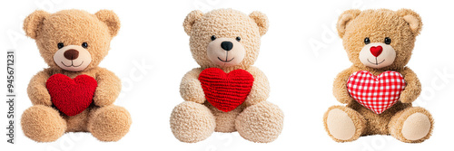 Adorable teddy bear trio holding red hearts in different designs isolated on transparent background