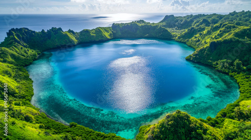 Lush green hills surround a secluded lagoon with crystal clear waters reflecting the sun in the south pacific