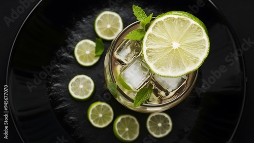 Mojito cocktail with fresh limes on a black background