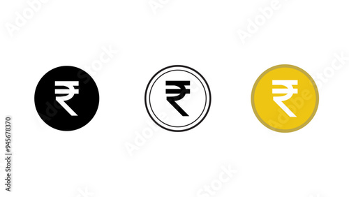 rupee icon set, rupee coin icon set, Vector symbols of rupee money coins, money, coin, 3 set of rupee coin icon, black, white, gold, white background, vector.