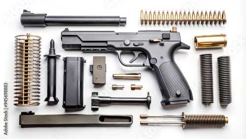 A collection of firearm components, including the barrel, trigger, and magazine, laid out on a white background, showcasing the intricate mechanics of the weapon.