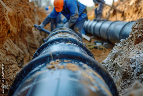 Workers install underground pipes for water, sewerage electricity and fiber optics for the population of an urban center. Construction of drinking water plumbing pipeline repair in spring time concept