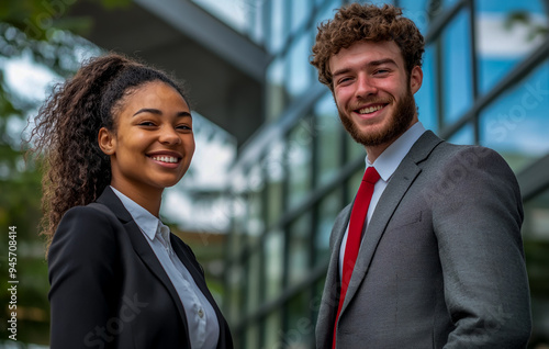 A young businesswoman and her male colleague smile in professional attire in front of an office building.