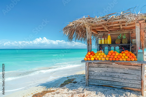 Wooden shack on a tropical beach is selling fresh fruit juice