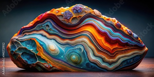 Vibrant layers of swirling minerals and crystals in a polished metamorphic rock specimen, showcasing the dramatic transformation of ancient sedimentary or igneous rock.