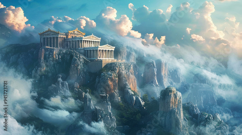 Mount Olympus, the magnificent house of the greek gods, surrounded by clouds