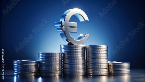 A shiny silver Euro symbol sits atop a stack of crisp, newly minted Euro coins on a smooth, dark blue background, symbolizing financial success.