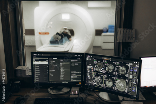 Radiologist consults patient before undergoing diagnostics using magnetic resonance imaging machine in medical center. Patient getting recommendations from doctor before tomography procedure. MRI