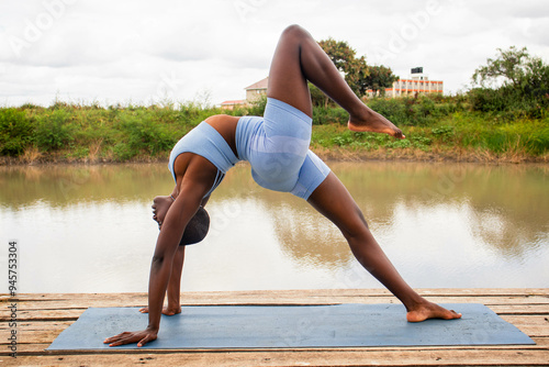 Yoga stretch and meditation outdoors in the countryside