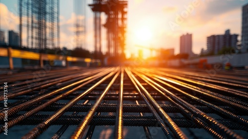 A close-up view of construction steel bars at sunset, showcasing industrial progress and urban development.