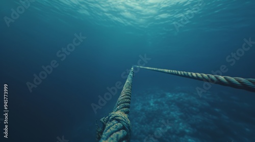 A taut underwater rope, highlighted by the light filtering through the water above, stretches away into the clear blue depths, suggesting strength and connectivity.