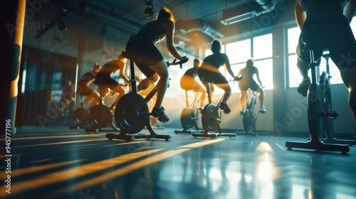 An energetic spin class in full swing, with participants pedaling vigorously on stationary bikes, bathed in dynamic lighting that adds to the motivational atmosphere.