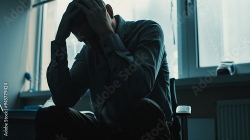 A man in a chair with his head in his hands, bathed in natural light from a nearby window, capturing a moment of personal struggle and reflection.