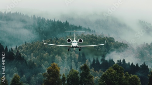 A private jet descends into a misty, forested landscape, blending aviation with the tranquility of nature.