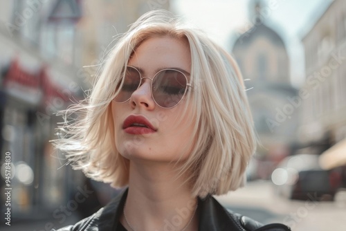 White woman blonde blunt lob hairstyles sunglasses adult individuality.