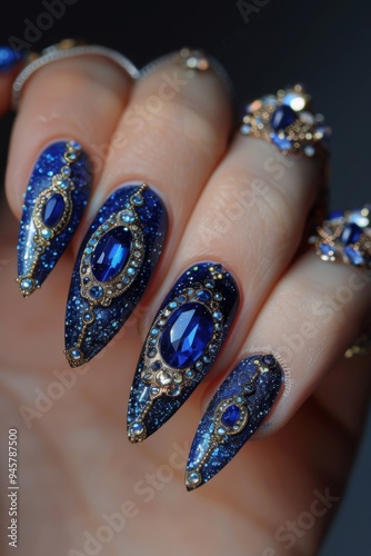 A close-up of a hand with beautifully designed nails featuring intricate blue and gold gemstones, highlighting the elegance and attention to detail in nail art fashion.