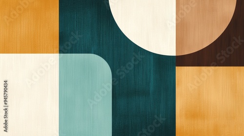 A mid-century modern design with abstract shapes and a retro color palette of mustard, teal, and brown