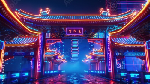 Cyberpunk Style Chinese Gate Court Archway