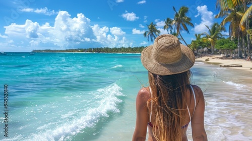 A woman in a straw hat walks along a beautiful, white sand beach in Punta Cana, Dominican Republic. The turquoise water is crystal clear and the sky is a bright blue, making for a perfect tropical par