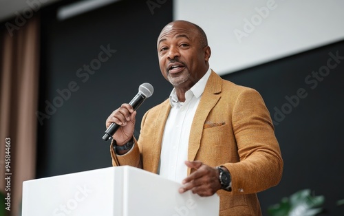 African american man in a suit and jacket is speaking into a microphone