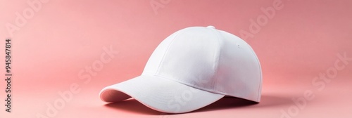 A classic white baseball cap sits on a vibrant pink background, symbolizing simplicity, style, versatility, and blank canvas for personalization. The cap is a timeless accessory, perfect for casual ou