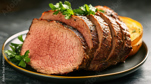 Close-up of a perfectly seared and intricately decorated eye of round beef roast on a wooden board 