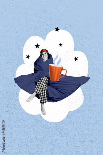 Vertical composite artwork collage image picture of girl blanket coffee cup isolated on creative background