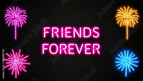 festive neon backlit style of the word friends forever with neon fireworks on a black grainy background