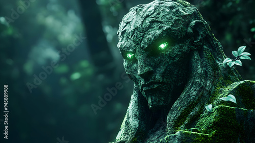 Stone Guardian with Glowing Green Eyes in a Mystical Forest