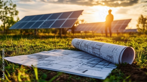 Architectural Plans in Front of Solar Panels. Rolled architectural plans placed in front of solar panels, signifying the planning and design phase of renewable energy projects.