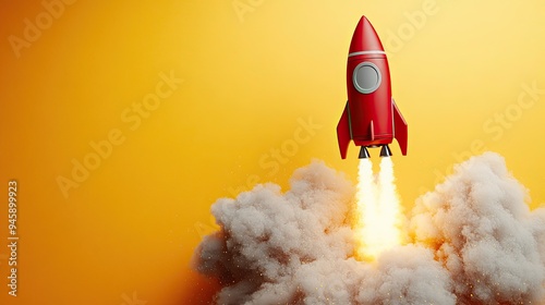 Rocket Takeoff with Smoke on Yellow Background