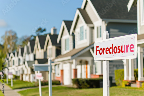 Street view of a suburban neighborhood with foreclosure signs on homes, highlighting the impact of financial challenges.