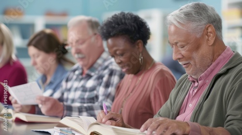 A group of adults practicing reading comprehension in a classroom, using workbooks and flashcards