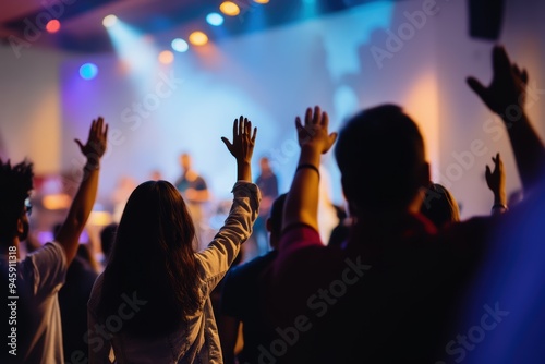 Hands in the air, people who are praising God and Jesus at a church service with worship band in the background,