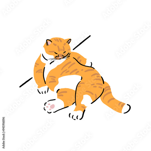 Ginger cat lazy pose Animal in action cartoon Hand drawn Color illustration