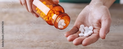 A person pours white pills from an orange prescription bottle into their hand, symbolizing health and medication awareness.