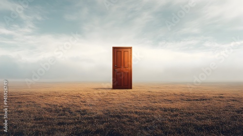 A conceptual image of a floating door in the middle of an empty field representing the power of of new possibilities and the freedom to transcend boundaries